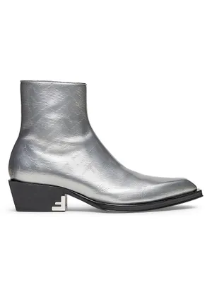 Metallic Leather Stacked Heel Ankle Boots