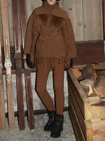 Oversize Belted Fringe Stretch Jacket