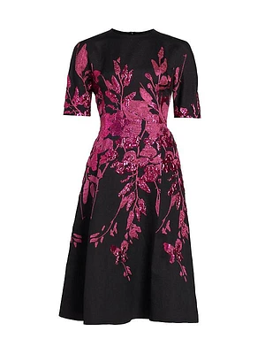 Metallic Floral Jacquard Midi-Dress