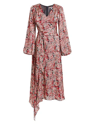 Paisley Satin Wrap Midi-Dress