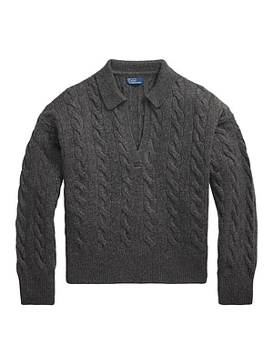 Wool-Blend Cable-Knit Polo Sweater