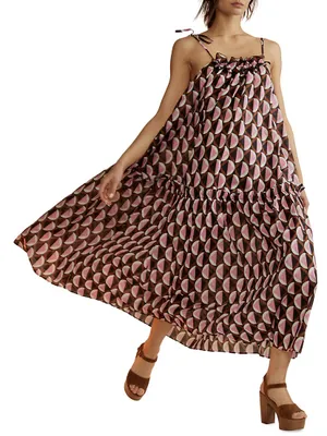 Spaghetti Tie Geometric Cotton Maxi Dress