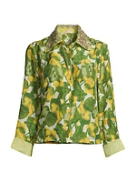 Gloria Embellished Pear-Print Silk Shirt