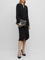 Belted Shirt Dress With Collarless Styling And Button Cuffs