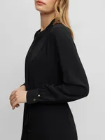 Belted Shirt Dress With Collarless Styling And Button Cuffs