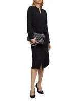 Belted Shirt Dress With Collarless Styling And Button Cuffs