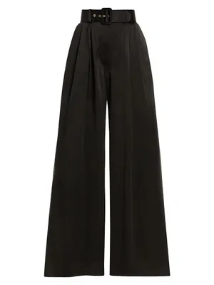 Belted Pleated Wide-Leg Silk Pants