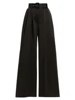 Belted Pleated Wide-Leg Silk Pants