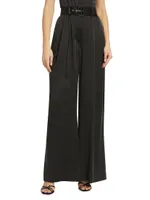 Belted Pleated Wide-Leg Silk Pants