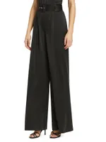 Belted Pleated Wide-Leg Silk Pants