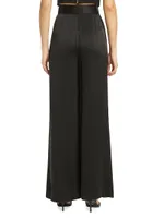 Belted Pleated Wide-Leg Silk Pants