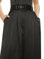 Belted Pleated Wide-Leg Silk Pants