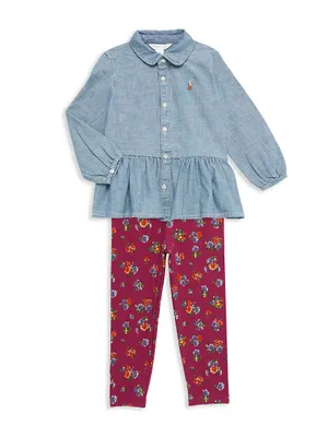 Baby Girl's Chambray Peplum Button-Up Shirt & Floral Leggings Set