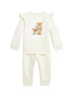 Baby Girl's 2-Piece Gardening Bear Ruffle-Trim Sweatsuit