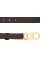 Double Gancio Crocodile-Embossed Leather Belt