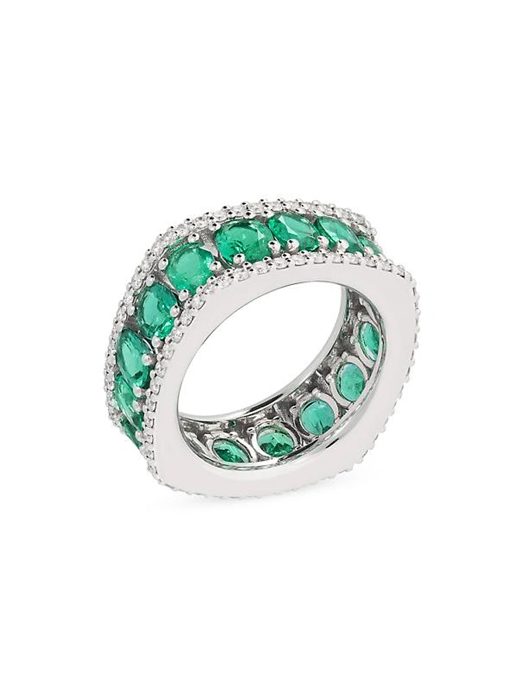 Procida 18K White Gold, Diamond & Emerald Band Ring