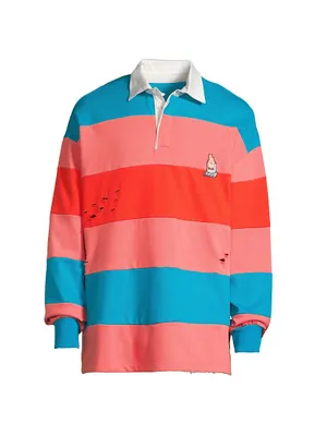 Distressed Long-Sleeve Stripe Polo Shirt