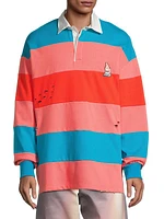 Distressed Long-Sleeve Stripe Polo Shirt