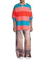 Distressed Long-Sleeve Stripe Polo Shirt