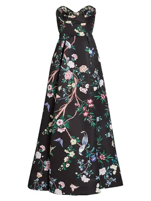 Strapless Floral Satin Gown