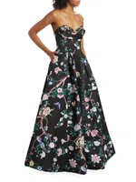 Strapless Floral Satin Gown