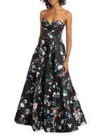 Strapless Floral Satin Gown