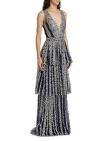 Metallic Filigree Tiered Gown