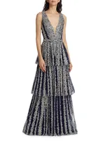 Metallic Filigree Tiered Gown