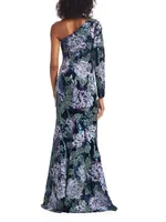 Floral-Embroidered One-Shoulder Gown