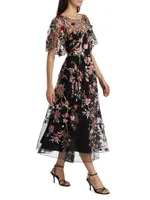 Floral-Embroidered Tulle Cocktail Dress