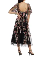 Floral-Embroidered Tulle Cocktail Dress