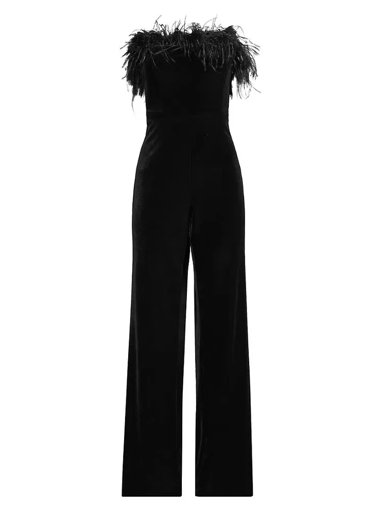 Velvet Feather-Trim Jumpsuit