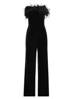 Velvet Feather-Trim Jumpsuit