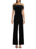 Velvet Feather-Trim Jumpsuit