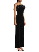 Velvet Feather-Trim Jumpsuit