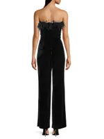 Velvet Feather-Trim Jumpsuit