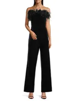 Velvet Feather-Trim Jumpsuit