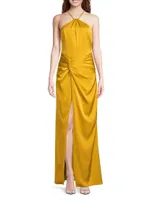 Ruched Satin Halterneck Maxi Dress