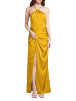 Ruched Satin Halterneck Maxi Dress