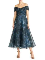 Auden Floral Crinkled Organza Off-the-Shoulder Midi Dress