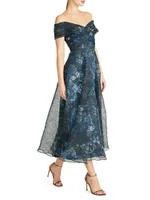 Auden Floral Crinkled Organza Off-the-Shoulder Midi Dress