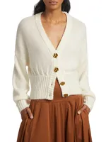 Ribbed Goldtone-Buttoned Cardigan