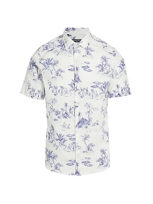 Slim-Fit Beach Scene Print Short-Sleeve Shirt