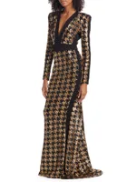 Down Flames Metallic Houndstooth Gown