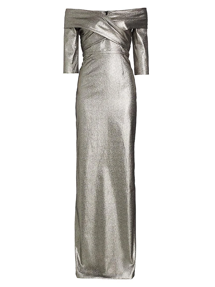 Metallic Off-the-Shoulder Column Gown