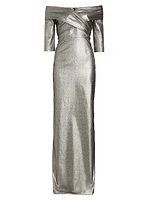 Metallic Off-the-Shoulder Column Gown