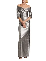 Metallic Off-the-Shoulder Column Gown