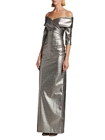 Metallic Off-the-Shoulder Column Gown