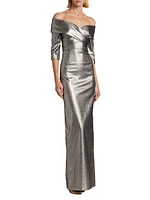 Metallic Off-the-Shoulder Column Gown