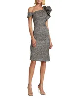 Metallic Jacquard One-Shoulder Sheath Dress